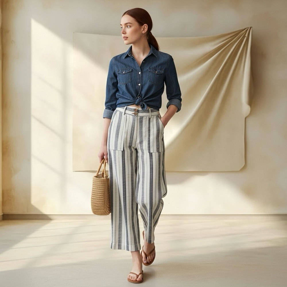 Straight Full Cut Leg 100% Linen Pants - Sailor Stripes